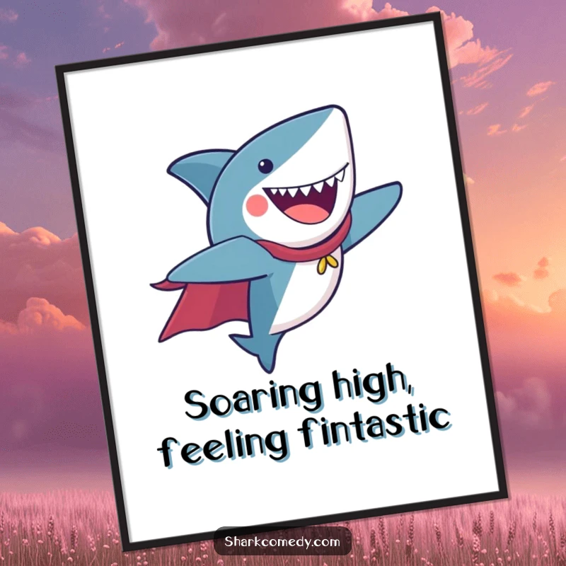 Funny Free Printable wall art: A joyful shark wearing a cape flies with immense happiness, bringing a heroic and fun presence.