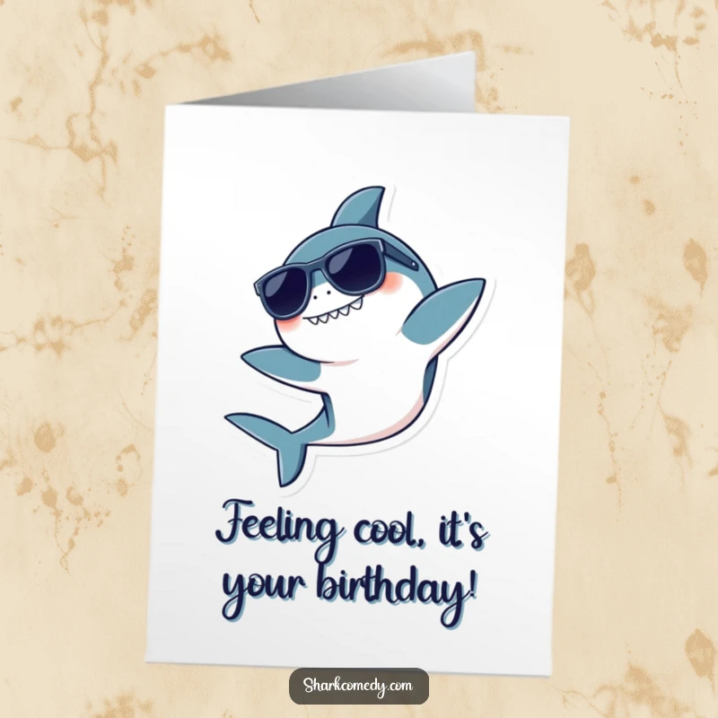 Funny Free Printable Birthday Card: Kawaii shark wearing sunglasses does a playful flip, embodying cool birthday vibes.
