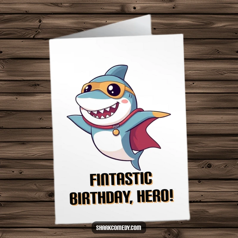 Funny Free Printable Birthday Card: Superhero shark striking a dramatic pose with a flowing cape, ready to deliver birthday wishes.