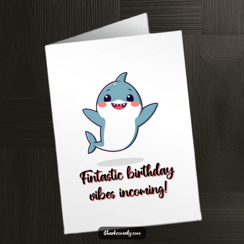 Funny Free Printable Kawaii Shark Birthday Card, a cute shark dancing wildly with fins flapping, perfect for a fun greeting.