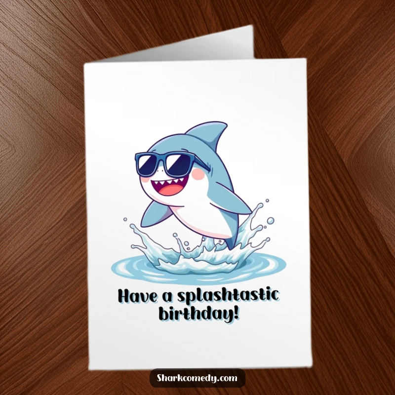 Funny Free Printable Birthday Card: Tiny cool shark with sunglasses leaping joyfully from a dynamic water splash for a birthday.