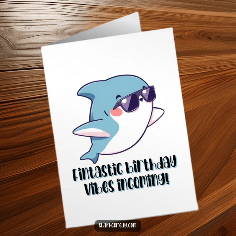 Funny free printable birthday card featuring a kawaii shark in sunglasses doing a flip with a big smile.