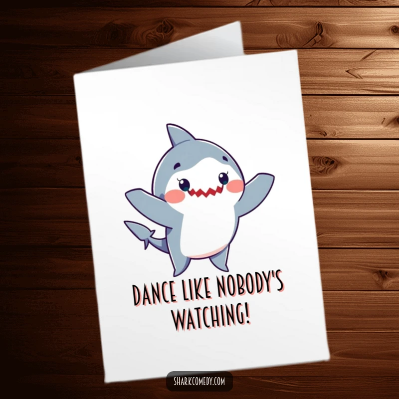 Funny Free Printable Birthday Card: A cheerful shark with its arms waving wildly, performing a joyous and silly dance move.