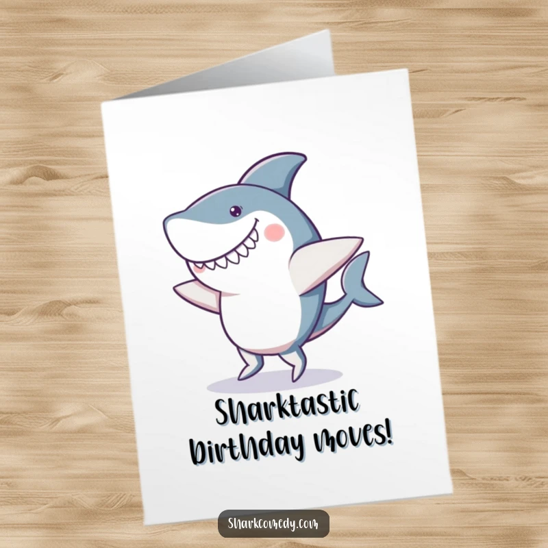 Funny Free Printable Birthday Card of a shark doing a clumsy dance with a goofy smile and wobbly fins, spreading joy.