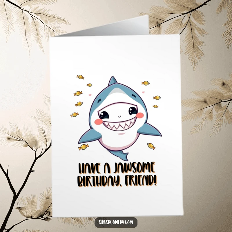 Funny Free Printable Birthday Card: Kawaii shark with a wide grin, playfully juggling tiny fish for a birthday celebration.