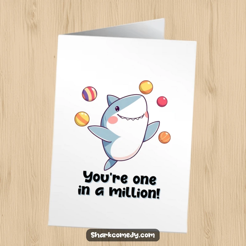 Funny Free Printable Birthday Card: A delighted shark skillfully juggling colorful balls with its fins. A fun downloadable DIY gift.