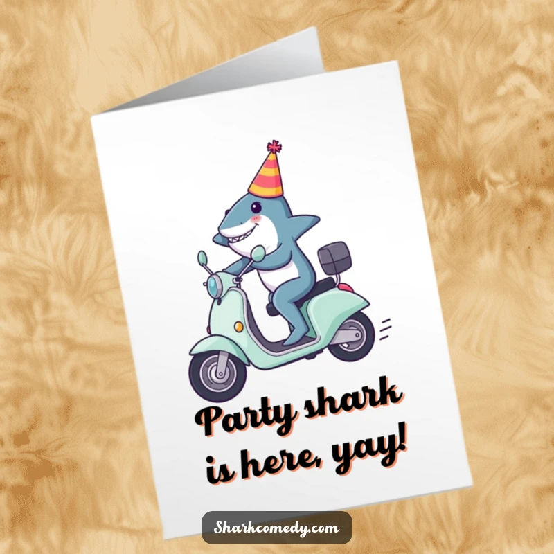 Funny Free Printable Birthday Card: A shark in a party hat zooming on a scooter, delivering birthday wishes with speed.