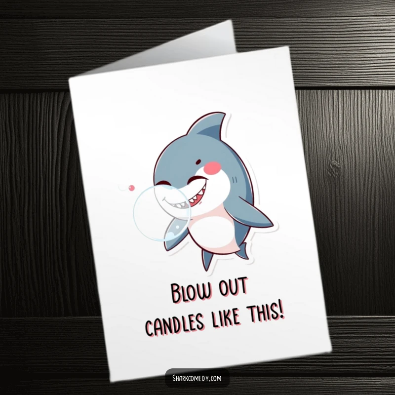 Funny Free Printable Birthday Card featuring a playfully winking shark blowing a very large, shimmering bubble.