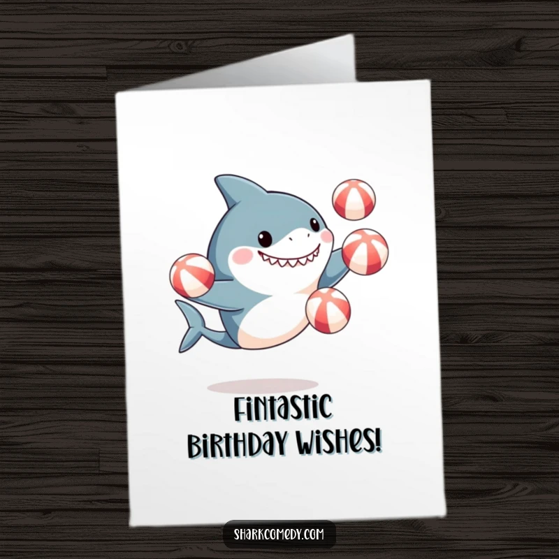 Funny Free Printable Birthday Card: Excited shark skillfully juggling beach balls with fins, ready for celebration.