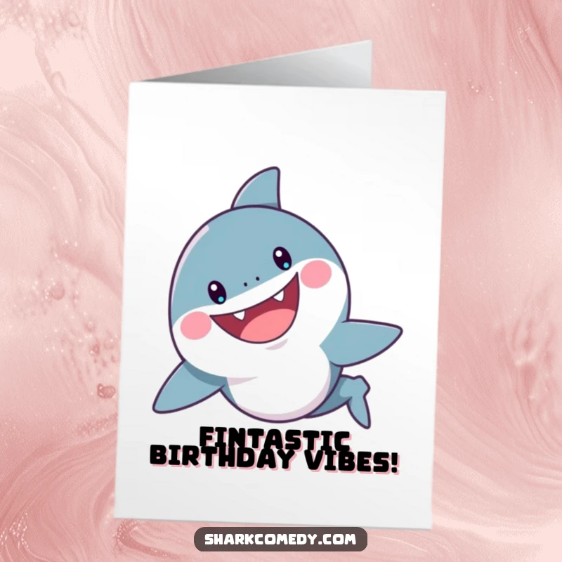 Funny Free Printable Shark Birthday Card: Cheerful shark with a playful grin swims, wishing happy birthday, downloadable gift.