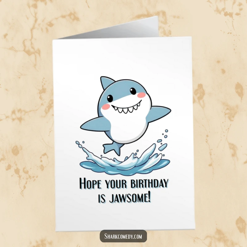 Funny Free Printable Birthday Card: Energetic little shark leaping from water with a wide, surprised grin.