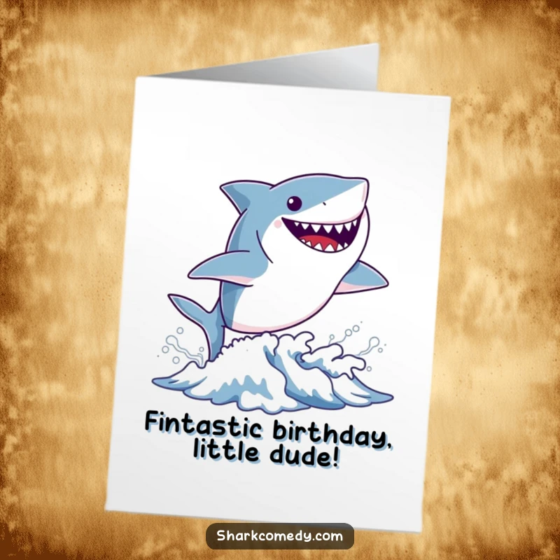 Funny Free Printable Birthday Card featuring a tiny shark leaping joyfully from a wave with a huge, infectious grin.