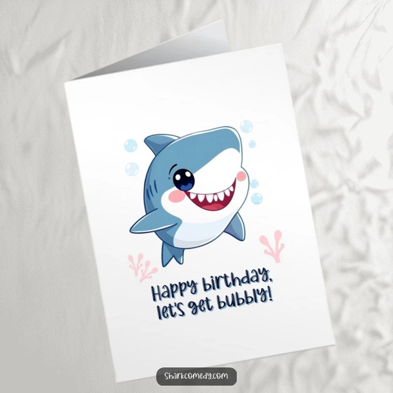 Funny Free Printable Birthday Card: A smiling shark blows bubbles underwater, its happy eyes sparkling with joy.