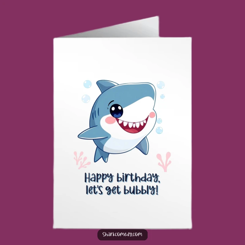 Free Printable Birthday Card: Smiling Shark Bubbles Underwater Happy Eyes Downloadable Gift