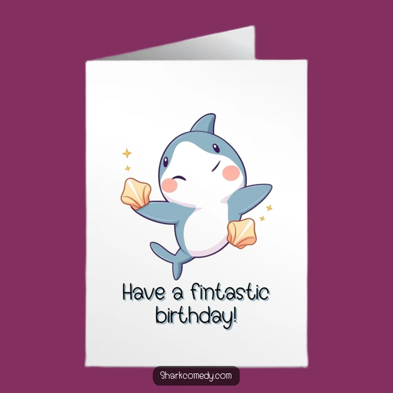 Free Printable Birthday Card: Winking Shark Juggling Seashells, Downloadable Greeting