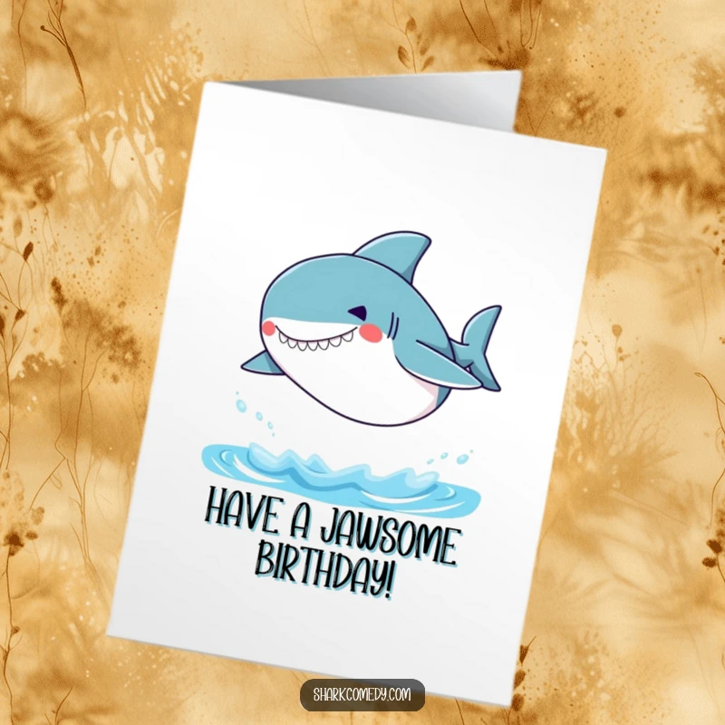 Funny Free Printable Birthday Card: Small shark with a silly grin jumping energetically out of the water.