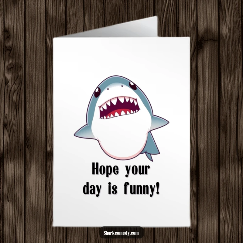 Funny Free Printable birthday card: a shark cracks a joke, mouth wide open revealing small teeth and a comedic expression.