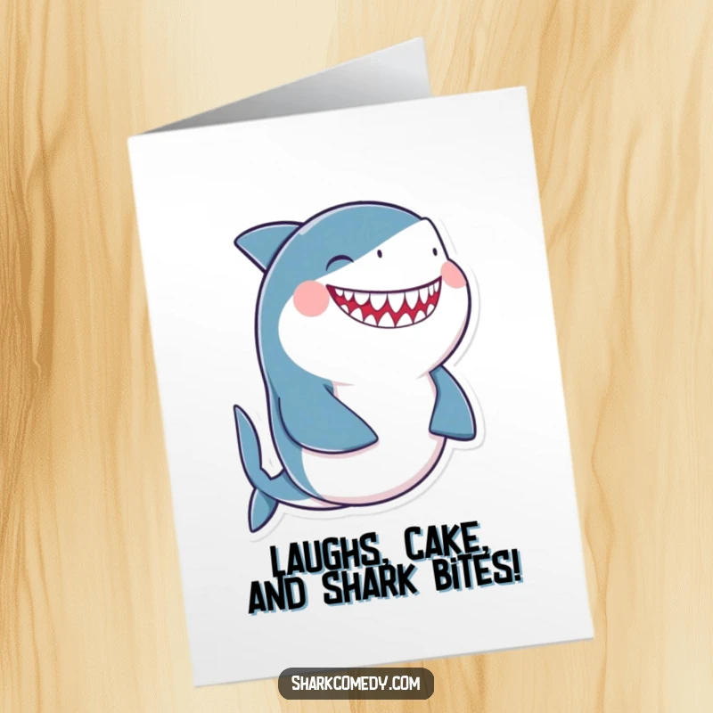 Funny Free Printable Birthday Card: A shark giggling uncontrollably while holding its round belly, perfect for a joyous birthday wish.