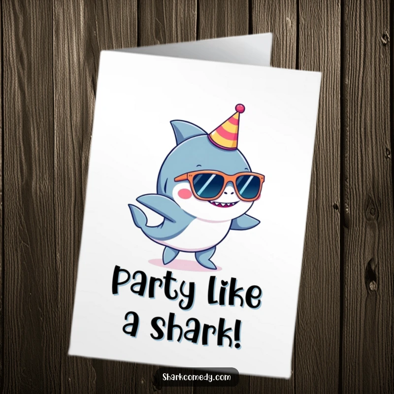 Funny Free Printable Birthday Card: Shark in oversized sunglasses and party hat, dancing wildly to celebrate a hilarious birthday.