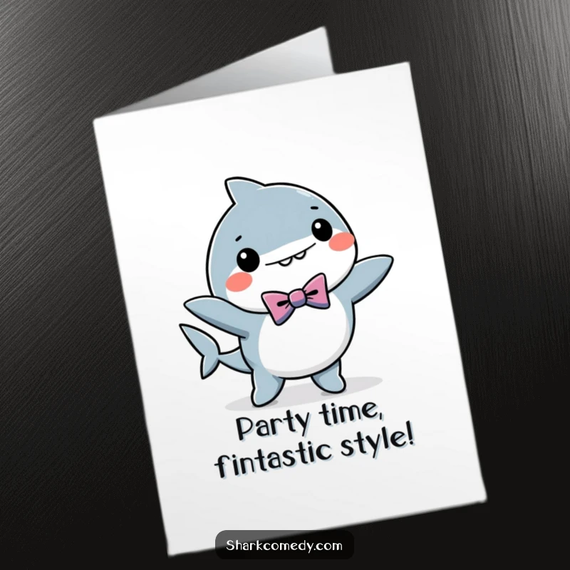 Funny Free Printable Birthday Card: Cute kawaii shark in a bow tie, joyfully doing a little dance for birthday wishes.