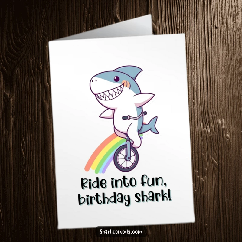 Funny Free Printable Birthday Card: A shark with a goofy grin riding a unicycle across a vibrant rainbow. Hilarious and cheerful.