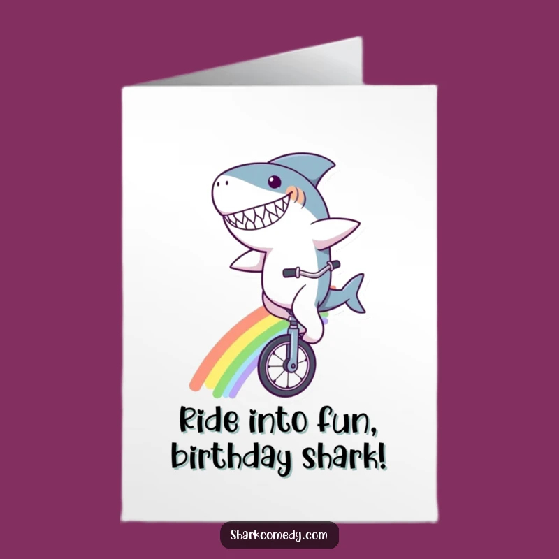 Free Printable Birthday Card: Unicycling Shark on Rainbow for Fun Downloadable Gift