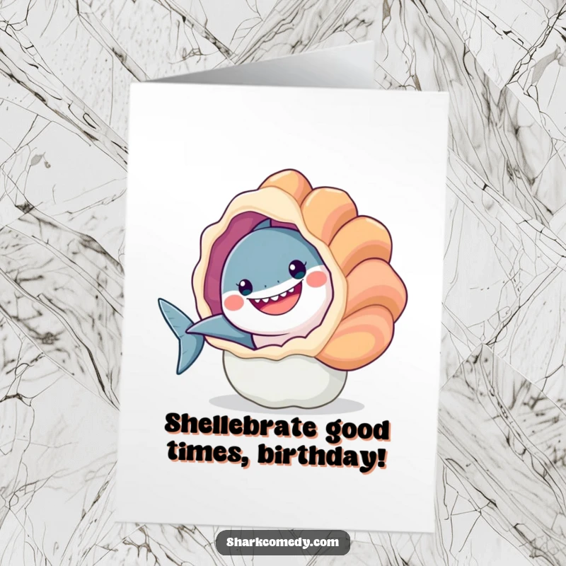 Funny Free Printable birthday card: a smiling shark with big teeth peeks from behind a huge, colorful seashell.
