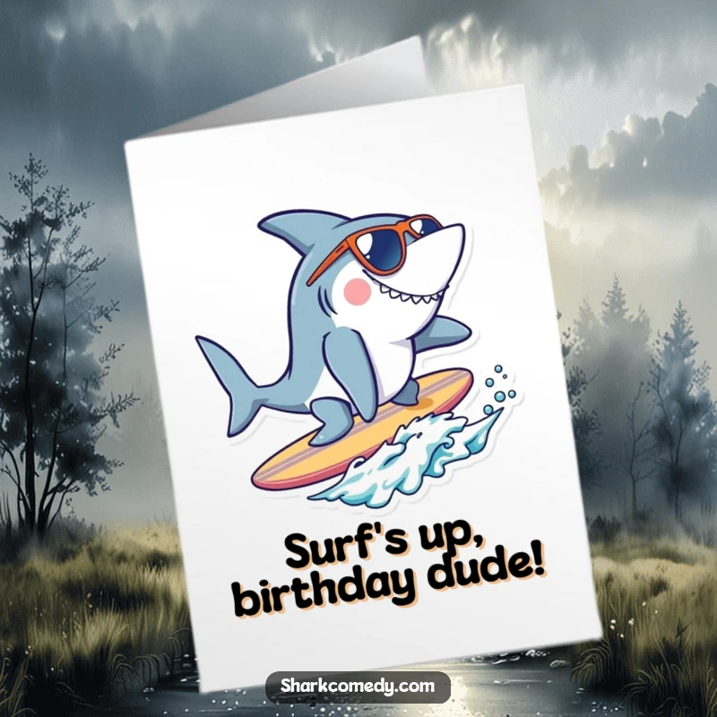 Funny Free Printable Birthday Card featuring a shark wearing sunglasses, stylishly surfing on a tiny surfboard.