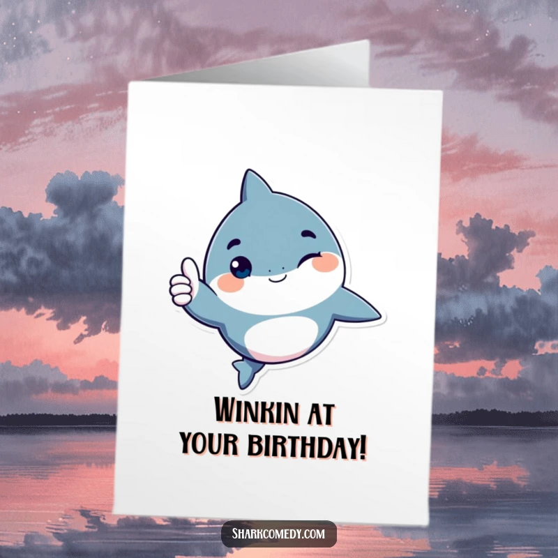 Funny Free Printable Birthday Card: A shark character with a playful wink giving a confident thumbs up gesture. Fun and encouraging.