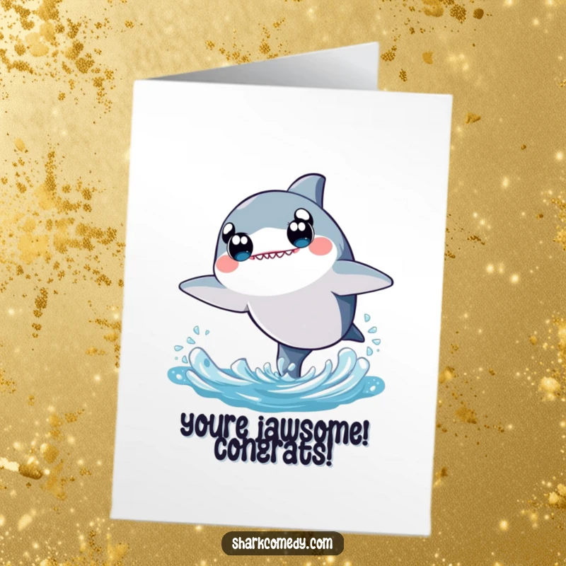 Cute Free Printable Congrats Card: A wide-eyed kawaii shark makes a joyful leap from the water, celebrating an achievement.
