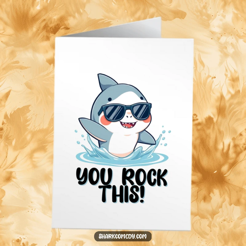 Funny Free Printable Congratulations Card: A shark wearing sunglasses playfully splashing water with its fin, celebrating success.