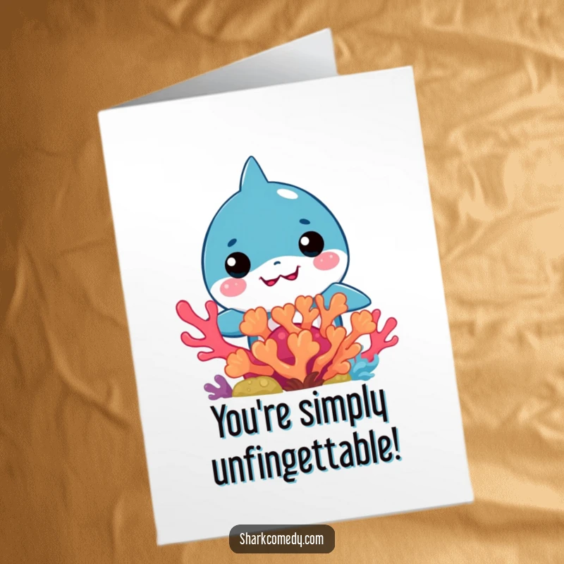 Funny Free Printable Congratulations Card: Adorable kawaii shark peeking from behind bright, colorful coral, celebrating good news.