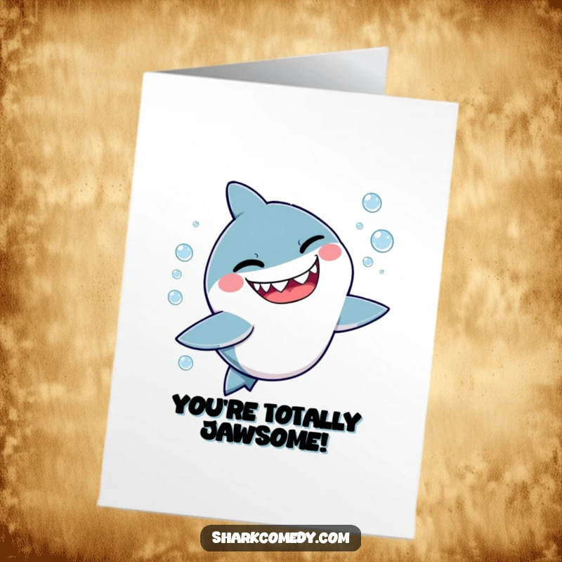 Funny free printable congratulations card: A kawaii shark winking mischievously while chasing bubbles, celebrating achievements.