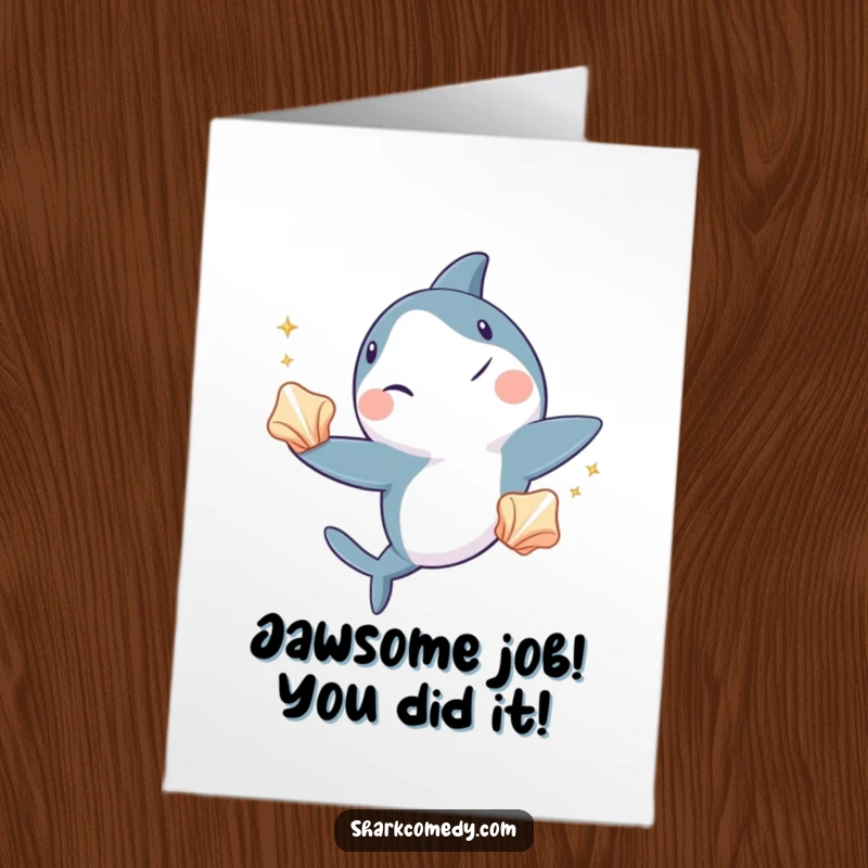 Funny Free Printable Congratulations Card: A winking shark juggles three shiny seashells, celebrating your incredible success with a playful vibe.