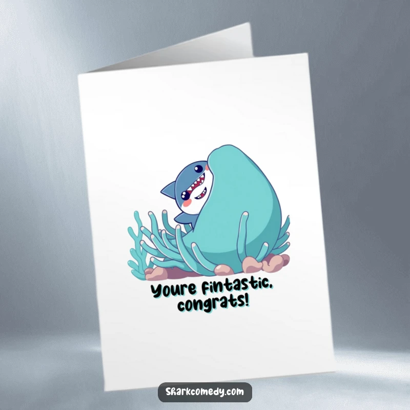 Funny Free Printable Congratulations Card: Shy shark peeking playfully from a smiling sea anemone, celebrating your big win with a shy giggle.