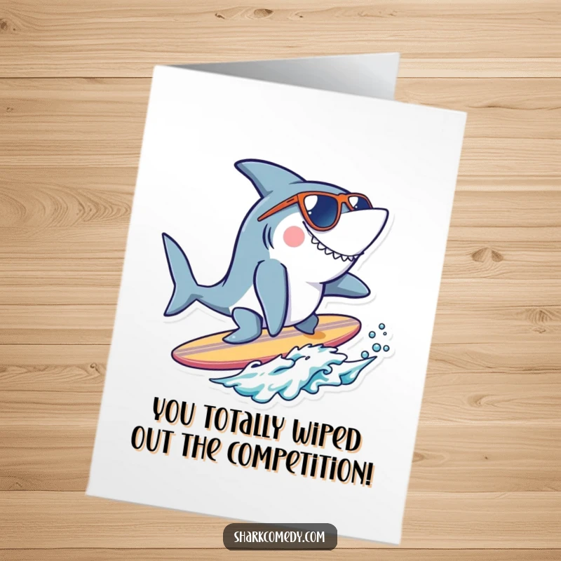 Funny Free Printable Congratulations Card showing a shark in sunglasses surfing a small board, radiating cool confidence.
