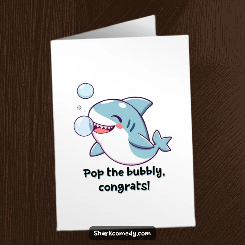 Funny Free Printable Congratulations Card showing a kawaii shark joyfully playing with a large bubble, celebrating achievements.