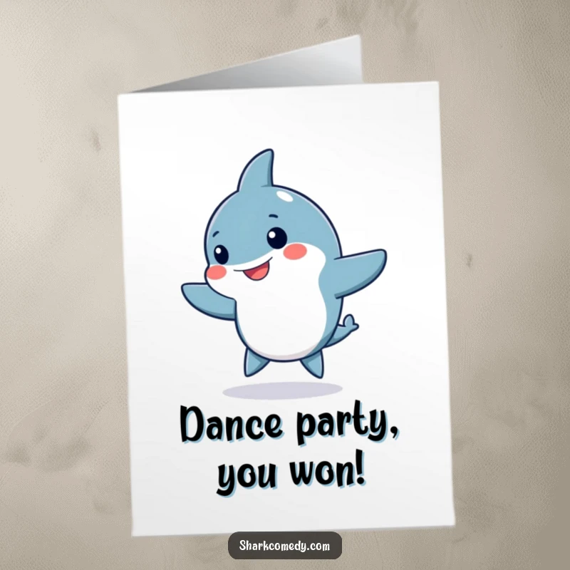Funny Free Printable Congratulations Card showing a kawaii shark doing a silly dance with fins waving, celebrating a big win.