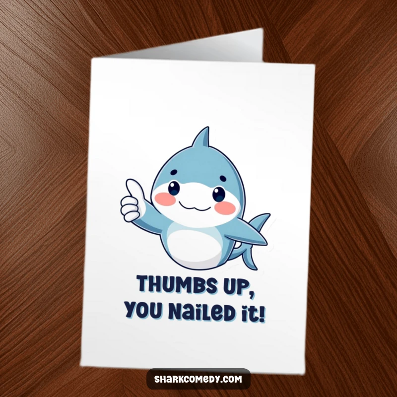 Funny Free Printable congratulations card: A shark with rosy cheeks gives an enthusiastic thumbs up, showing approval and celebration.