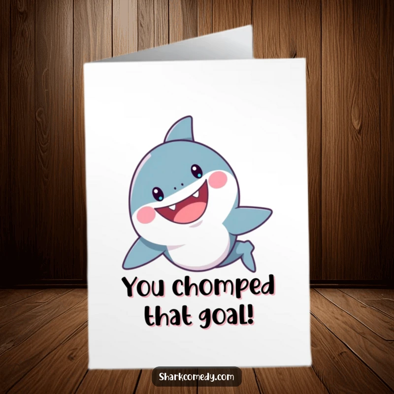 Funny Free Printable Shark Congratulations Card: Cheerful shark with a playful grin swims, celebrating success, downloadable art.