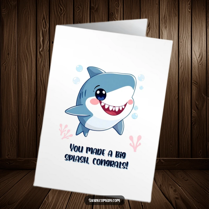 Funny Free Printable Congratulations Card: A smiling shark happily blows bubbles underwater, cheering for your success.