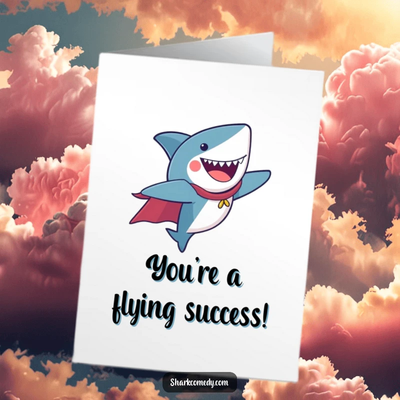 Funny Free Printable congratulations card: A joyful shark in a cape flies triumphantly, celebrating a heroic accomplishment.