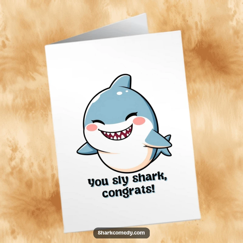 Funny Free Printable Congratulations Card showing a kawaii shark winking with a mischievous smile, celebrating a clever win.