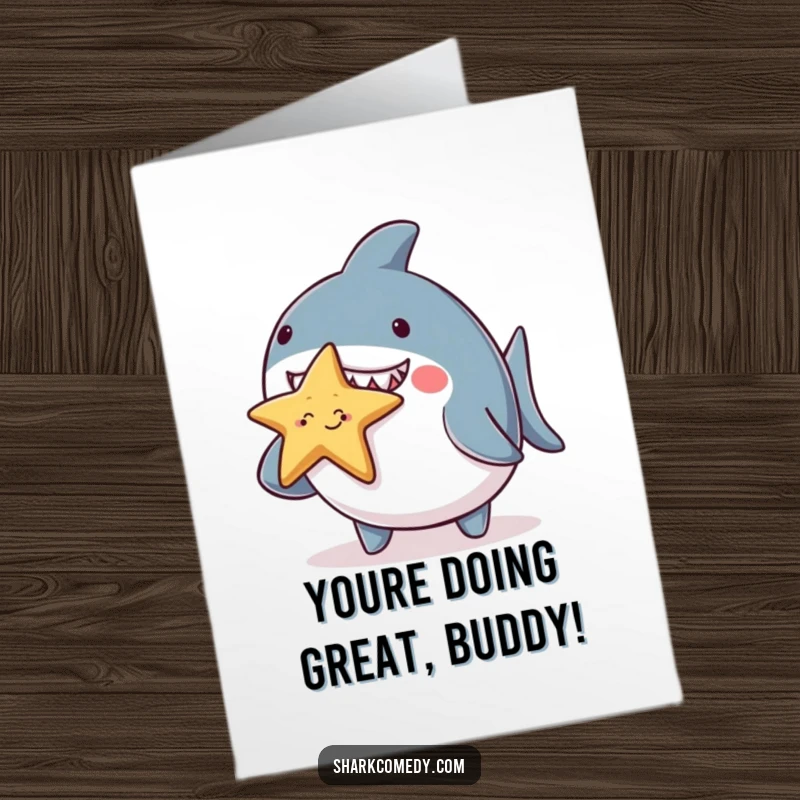 Funny Free Printable Congratulations Card: A chubby shark attempting to balance a smiling starfish on its nose, celebrating success with charm.