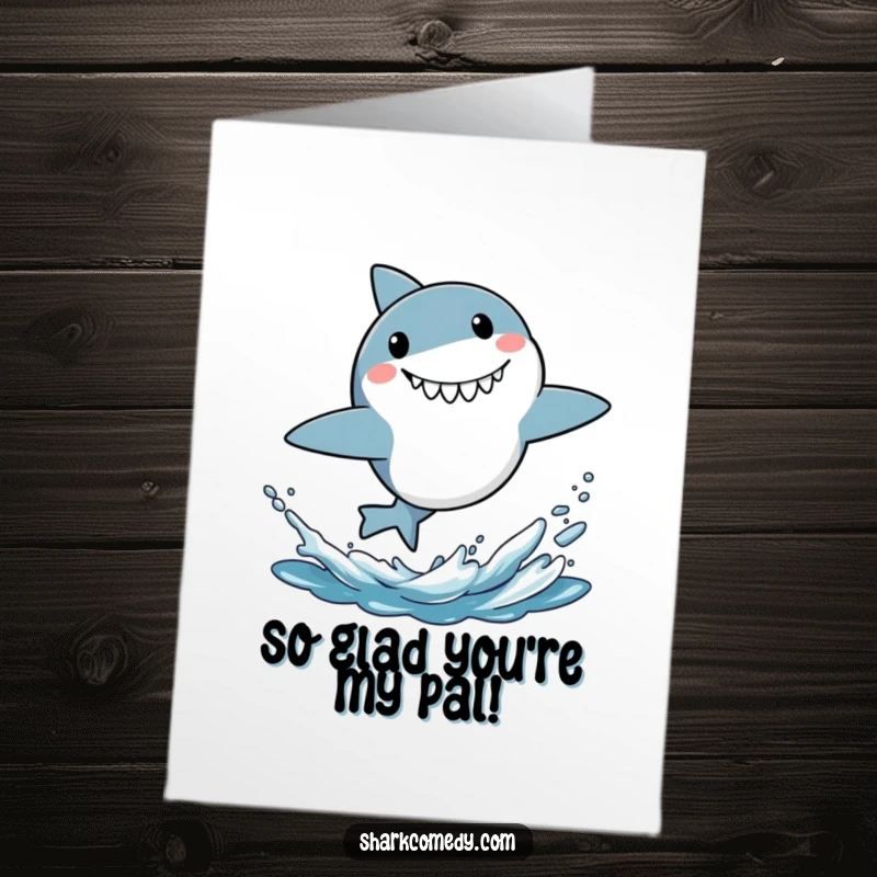 Funny Free Printable Thank You Card: Energetic shark leaping high from water with a wide, surprised grin.