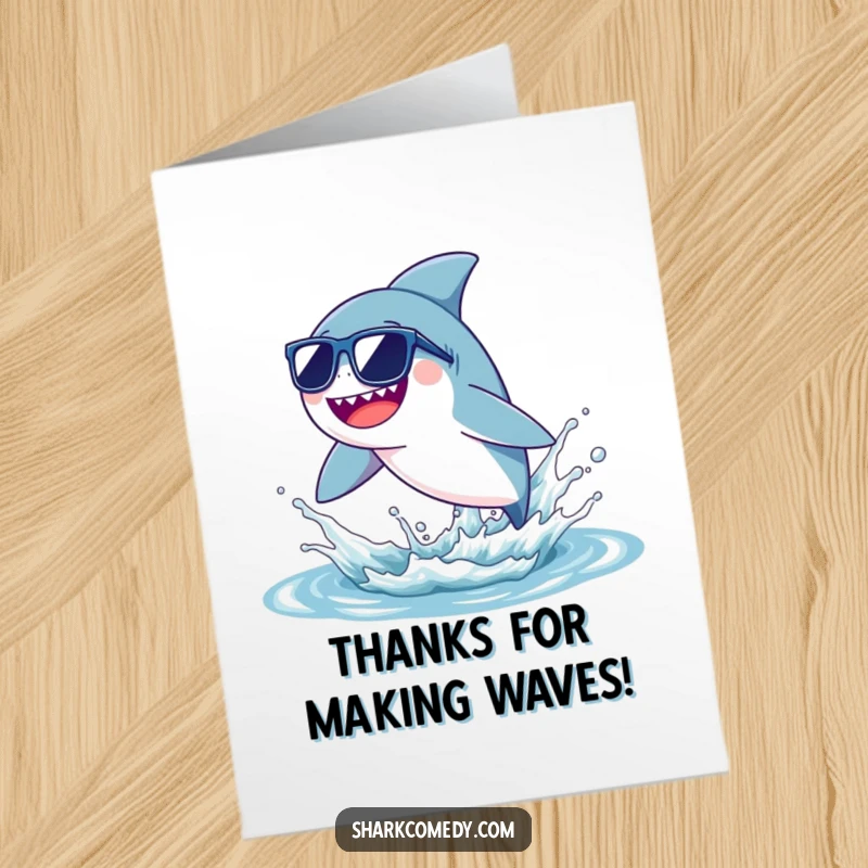 Funny Free Printable Thank You Card: Tiny shark wearing sunglasses, leaping from a water splash to express thanks.