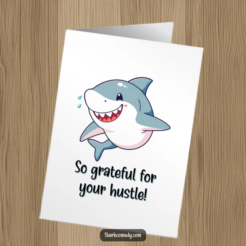 Funny Free Printable Thank You Card depicting a shark sprinting with sweat, radiating a happy and determined vibe.