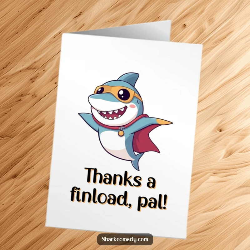 Funny Free Printable Thank You Card: A mighty shark in a superhero pose with a cape, expressing heartfelt thanks, print at home.