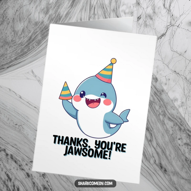 Funny Free Printable Thank You Card: A cute and excited kawaii shark wearing a party hat.