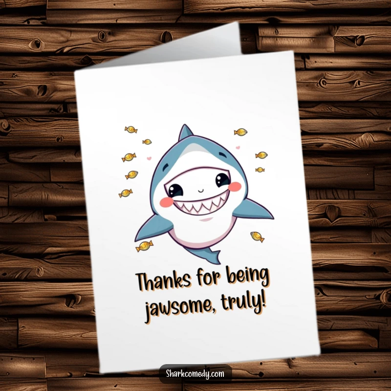Funny Free Printable Thank You Card: Kawaii shark with a wide grin, juggling fish to convey heartfelt thanks.